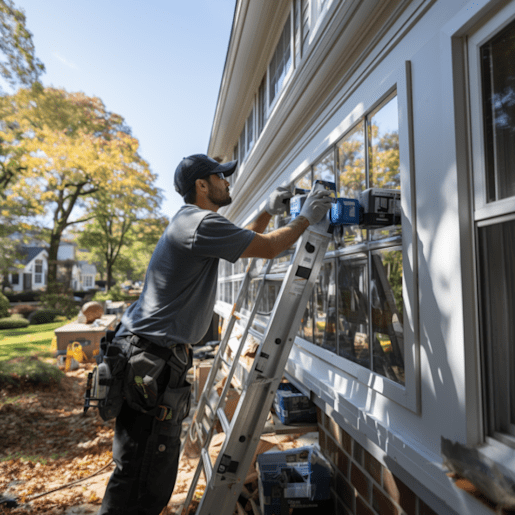 Kembery Glazing window installer on ladders