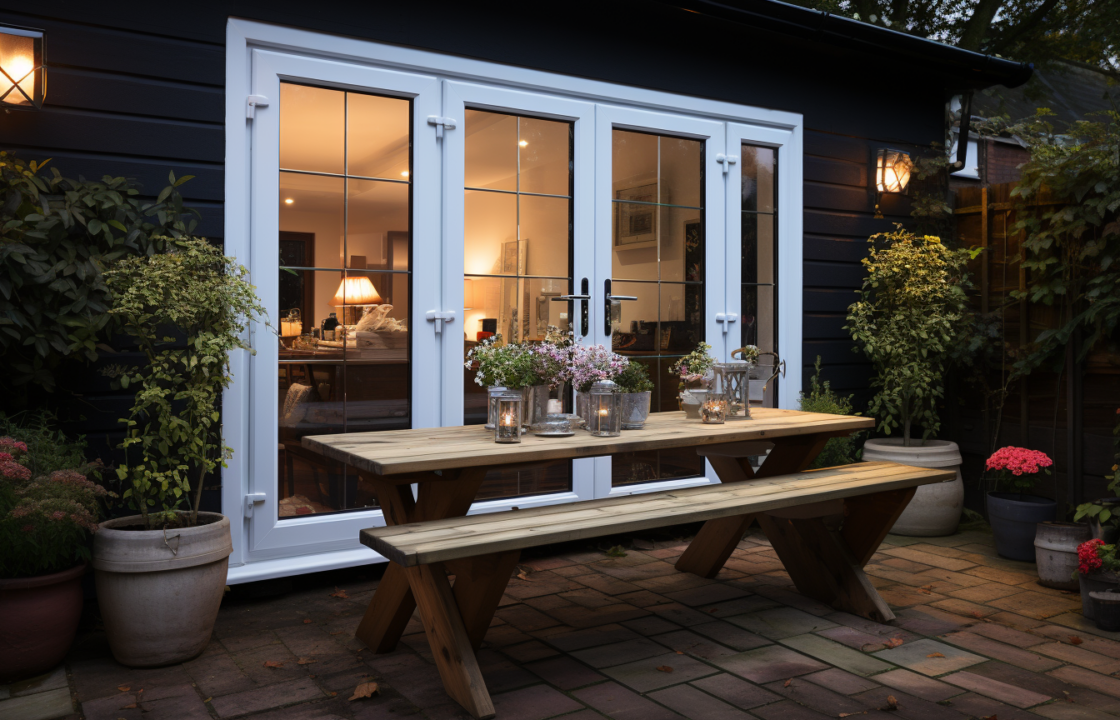 Frech Doors on a patio extension with a wooden bench