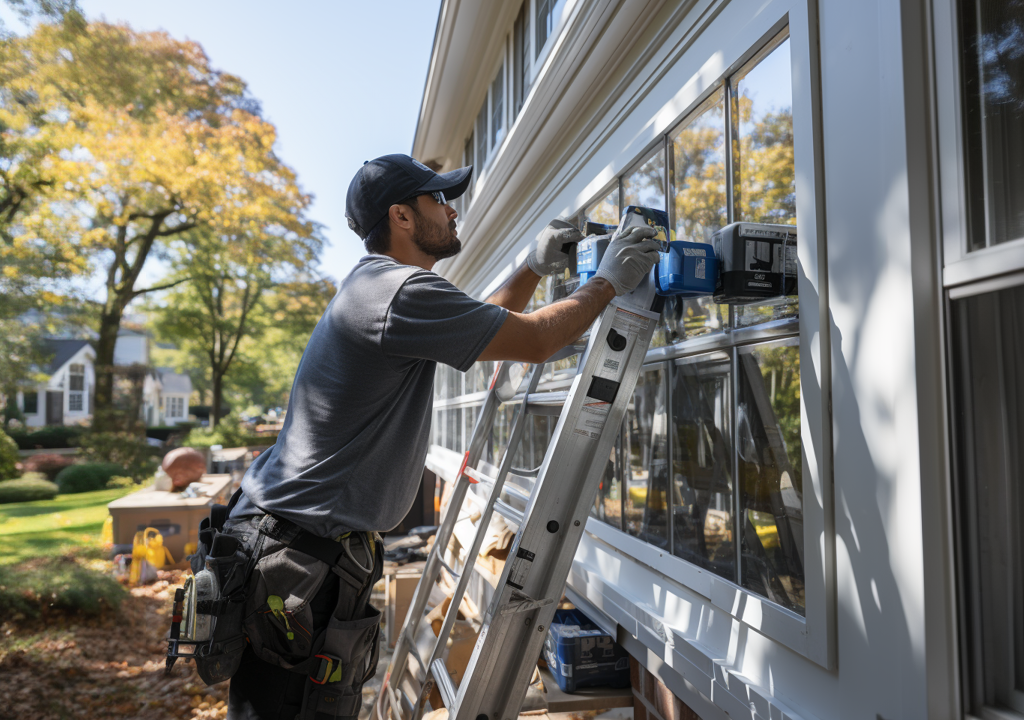 Kembery Glazing window installer on ladders