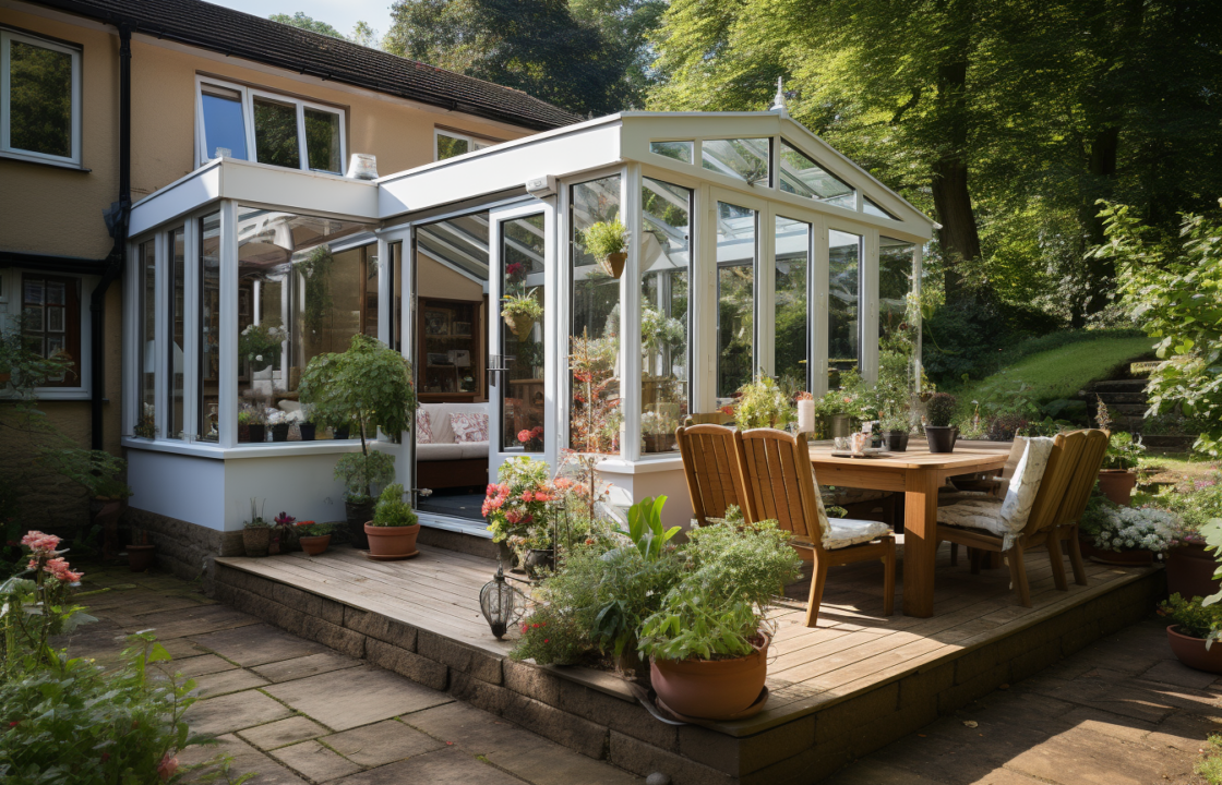 a white conservatory buitl on the back of house with decking