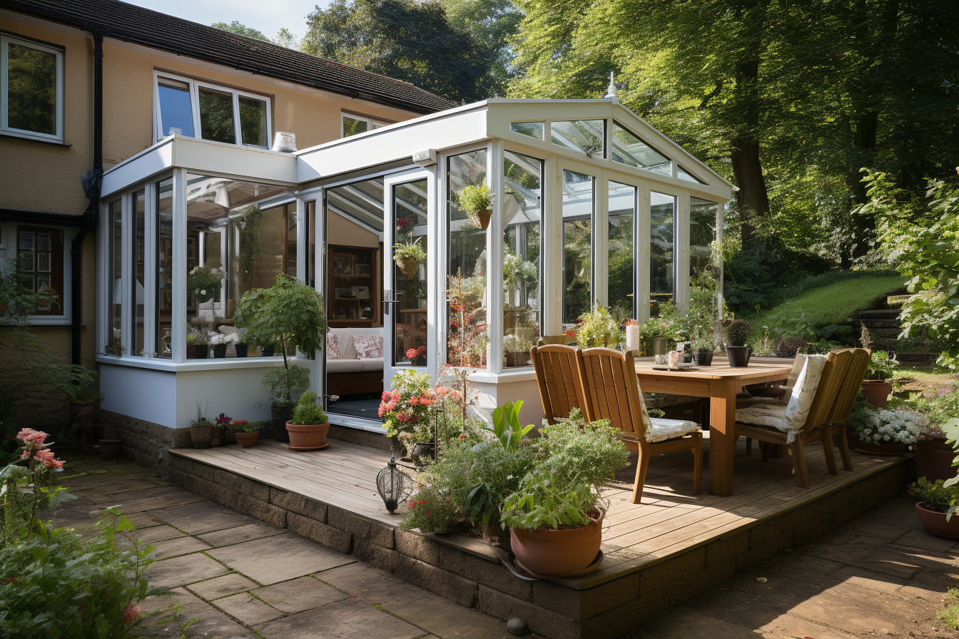 a white conservatory buitl on the back of house with decking