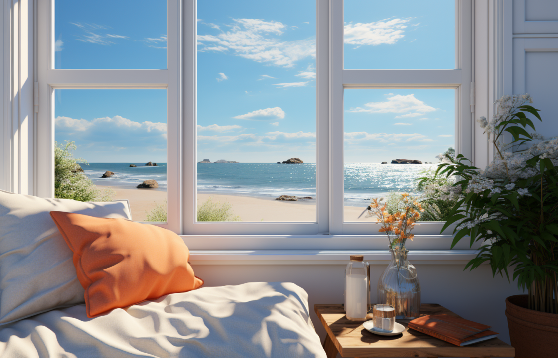 double glazing looking out over a beach from a room